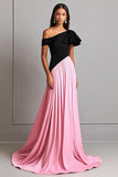 Black & Pink Crepe A Line One Shoulder Gala Dress