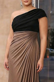 Brown Crepe Sheath Ruched One Shoulder Gala Dress