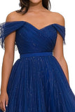 Sparkly Royal Blue Tulle A Line Ruched Gala Dress