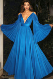 Sun-Pleated Blue Chiffon A Line Deep V Neck Spaghetti Straps Gala Dress