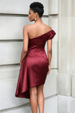 Ruffled One Shoulder Tight Burgundy Knee Length Gala Dress