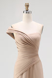 Light Khaki One Shoulder Pleated Sheath Formal Dress
