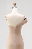 Light Khaki One Shoulder Pleated Sheath Formal Dress