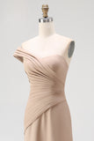 Light Khaki One Shoulder Pleated Sheath Formal Dress