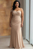 Light Khaki One Shoulder Pleated Sheath Formal Dress