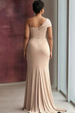 Light Khaki One Shoulder Pleated Sheath Formal Dress