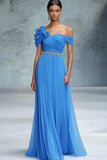 Blue A Line Off The Shoulder Ruched Long Gala Ball Dress