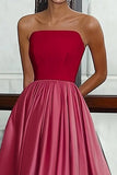 A Line Straight Strapless Satin Red&Pink Long Gala Ball Dress