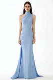 Sheath Light Blue Halter Crepe Long Gala Ball Dress