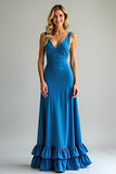 Blue Sheath V-Neck Tiered Ruffled Bridesmaid Dress