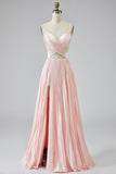A Line Pink Pleated V Neck Prom Dress with Slit