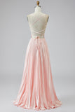 A Line Pink Pleated V Neck Prom Dress with Slit