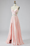 A Line Pink Pleated V Neck Prom Dress with Slit