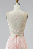 A Line Pink Pleated V Neck Prom Dress with Slit