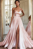 Satin Pleated Pink V Neck A Line Prom Dress with Slit