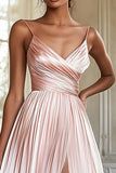 Satin Pleated Pink V Neck A Line Prom Dress with Slit