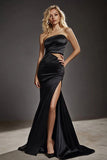 Strapless Black Satin Mermaid Prom Dress with Slit