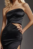 Strapless Black Satin Mermaid Prom Dress with Slit