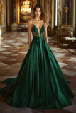 Dark Green A Line Lace V Neck Satin Long Prom Dress