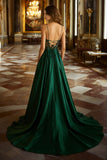 Dark Green A Line Lace V Neck Satin Long Prom Dress