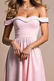 Pink A Line Chiffon Off the Shoulder Long Bridesmaid Dress