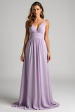 Lilac Chiffon A Line Ruched V Neck Bridesmaid Dress with Back Tie