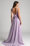 Lilac Chiffon A Line Ruched V Neck Bridesmaid Dress with Back Tie