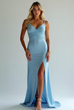 Dusty Blue V Neck Satin Sheath Long Bridesmaid Dress with Slit