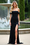 Black Ruffled Off the Shoulder Sheath Bridesmaid Dress with Slit