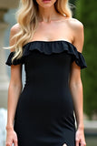 Black Ruffled Off the Shoulder Sheath Bridesmaid Dress with Slit