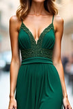 Dark Green Chiffon Ruched Slit Backless Bridesmaid Dress with Appliques