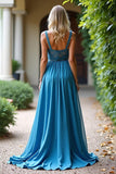 Grey Blue Lace V Neck Chiffon A Line Bridesmaid Dress with Slit