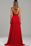 Red Sheath Satin Spaghetti Straps Long Bridesmaid Dress