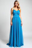 Blue A-Line Spaghetti Straps Ruched Chiffon Long Bridesmaid Dress