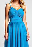 Blue A-Line Spaghetti Straps Ruched Chiffon Long Bridesmaid Dress