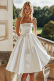 White A-Line Satin Strapless Midi Graduation Dress with Bowknot