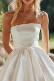 White A-Line Satin Strapless Midi Graduation Dress with Bowknot