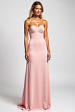 Pink Satin Sweetheart A Line Long Bridesmaid Dress