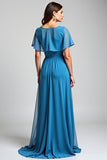 Blue A Line Ruffle Sleeve Long Chiffon Mother Of The Bride Dress