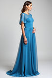 Blue A Line Ruffle Sleeve Long Chiffon Mother Of The Bride Dress