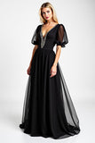 Black A Line Beaded V Neck Long Chiffon Mother Of The Bride Dress