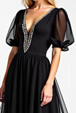 Black A Line Beaded V Neck Long Chiffon Mother Of The Bride Dress