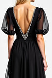 Black A Line Beaded V Neck Long Chiffon Mother Of The Bride Dress