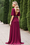 A Line Burgundy V Neck Beaded Mother Of The Bride Dress With Slit