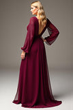 Burgundy V Neck Long Sleeve Chiffon Long Mother Of The Bride Dress