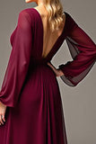 Burgundy V Neck Long Sleeve Chiffon Long Mother Of The Bride Dress