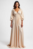 Champagne V Neck Long Sleeve Satin Mother Of The Bride Dress