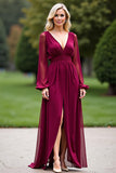 Burgundy V Neck Long Sleeve Chiffon Mother Of The Bride Dress