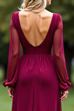 Burgundy V Neck Long Sleeve Chiffon Mother Of The Bride Dress