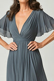 Elegant Twilight A-Line V-neck Ruch Long Chiffon Mother Of the Bride Dress with Flutter Sleeves